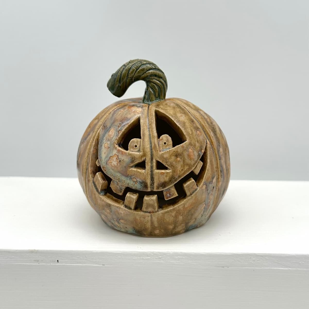 Carved ceramic pumpkin with battery tealight - Bob - Lucy Ormsby Pottery