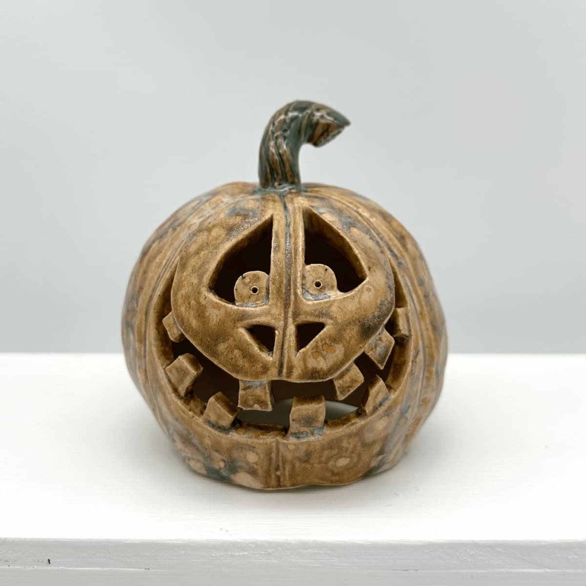 Carved ceramic pumpkin with battery tealight - Brian - Lucy Ormsby Pottery