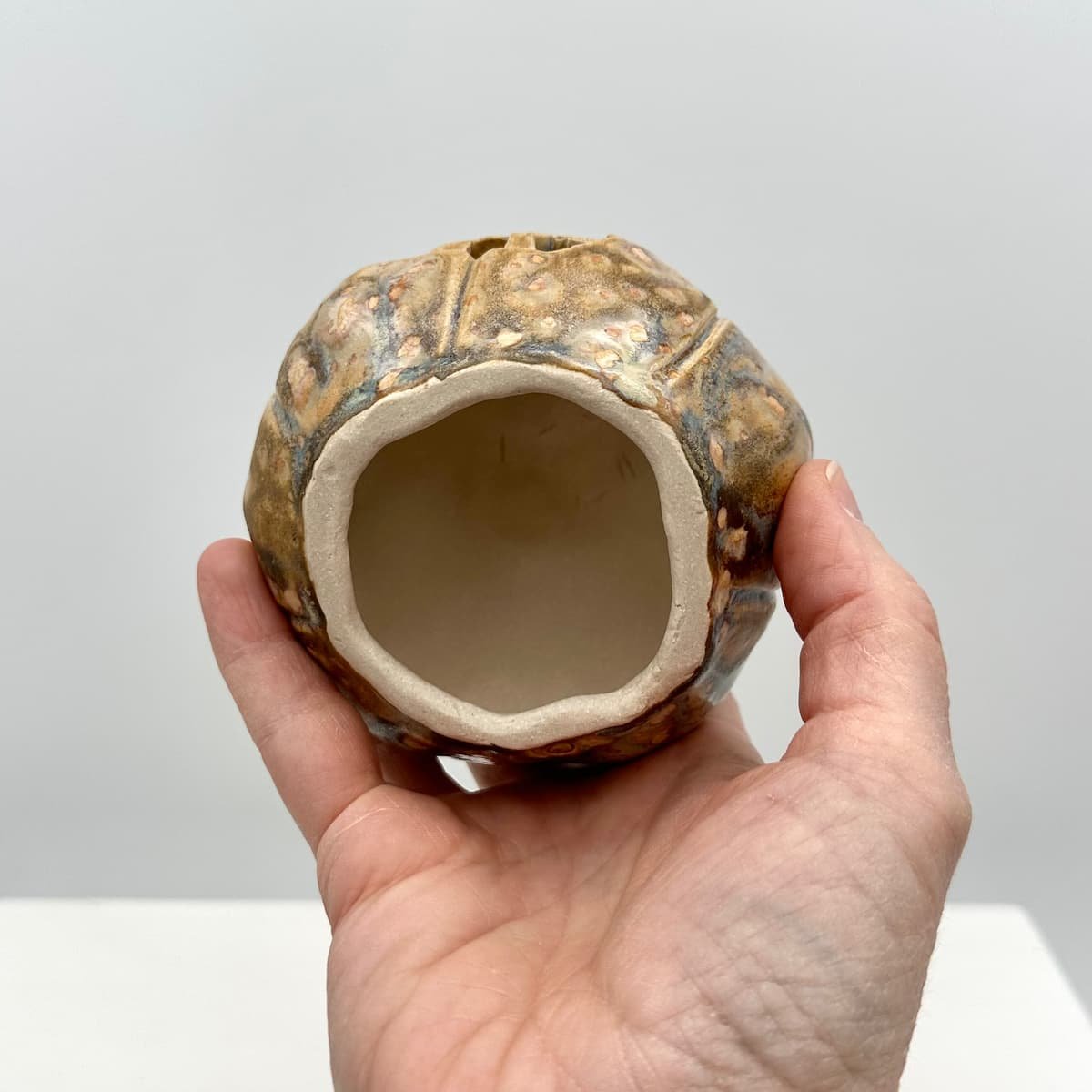 Carved ceramic pumpkin with battery tealight - underside Lucy Ormsby Pottery