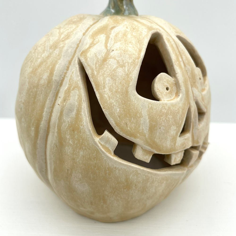 Carved ceramic pumpkin by Lucy Ormsby Pottery - close up