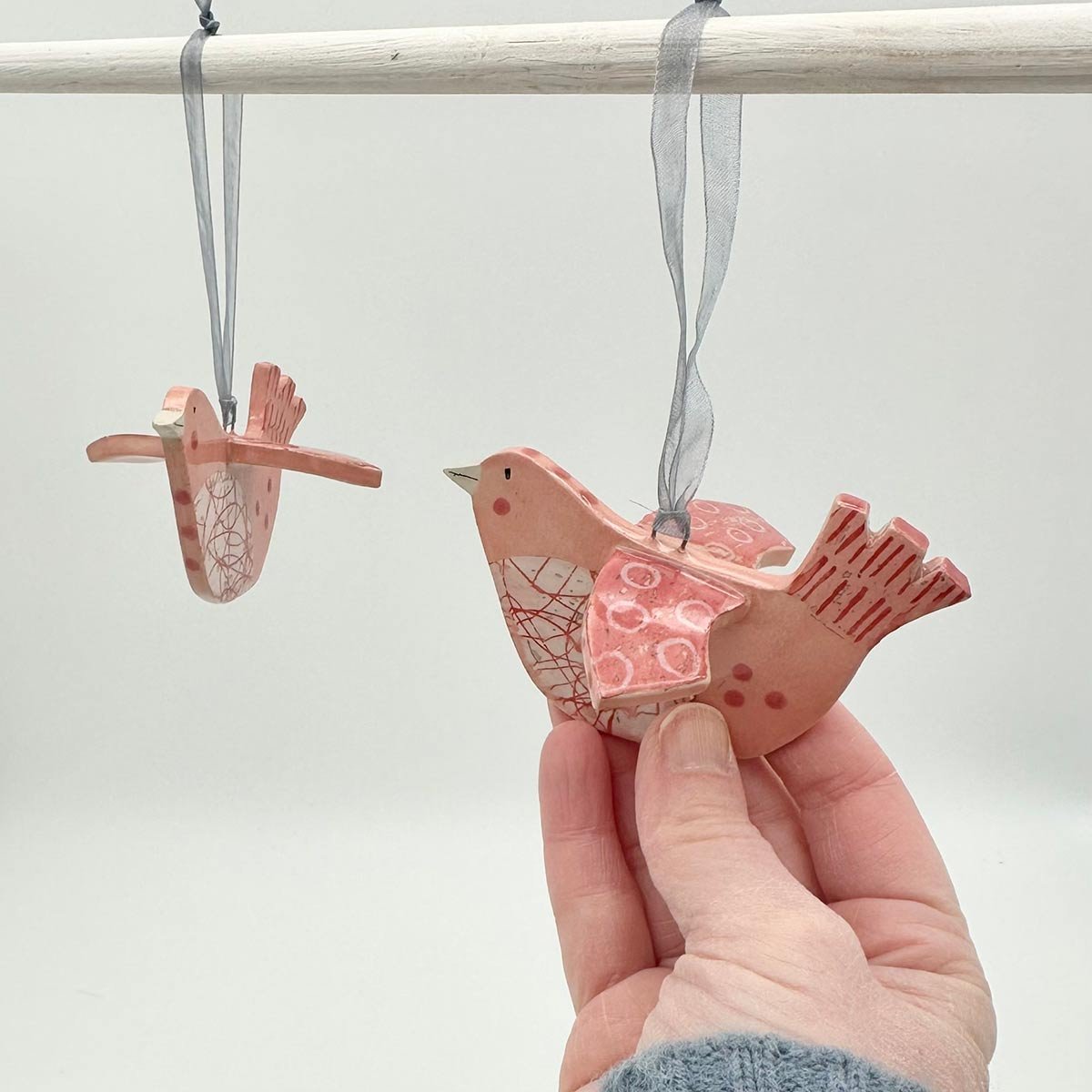 Handmade ceramic hanging bird decoration Lucy Ormsby Pottery