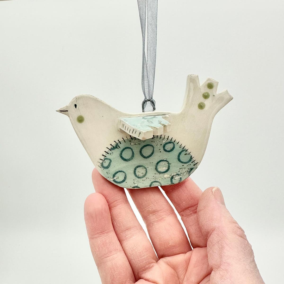 Handmade ceramic hanging bird decoration Lucy Ormsby Pottery