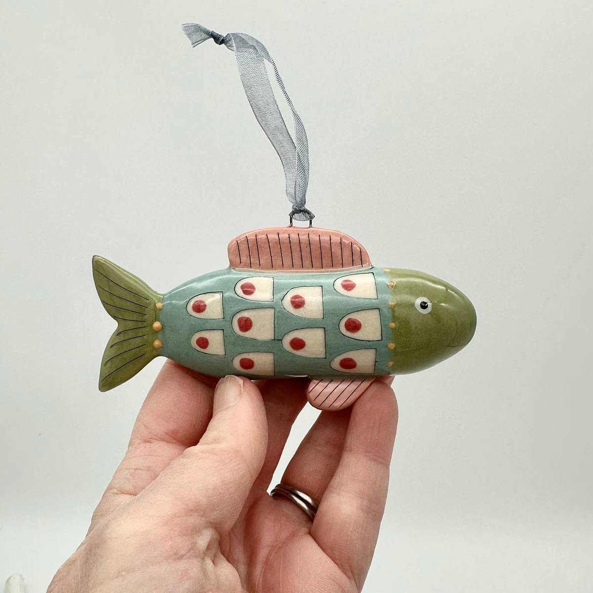Lucy Ormsby Pottery Handmade Ceramic Dangly Fish Decoration blue scales