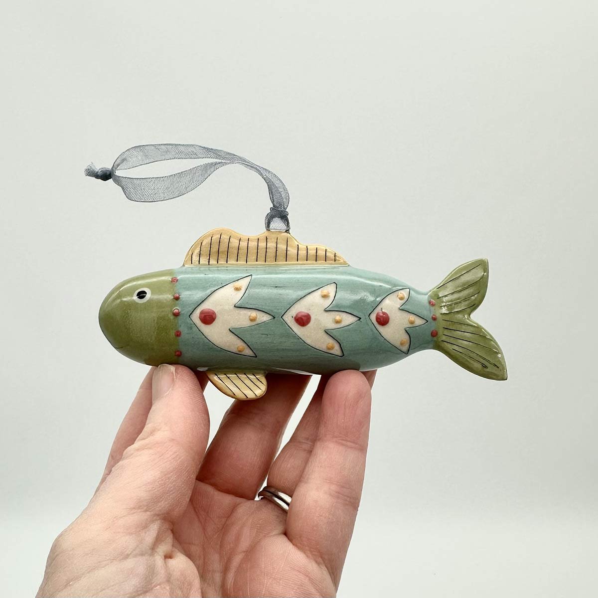 Lucy Ormsby Pottery Handmade Ceramic Dangly Fish Decoration blue scales