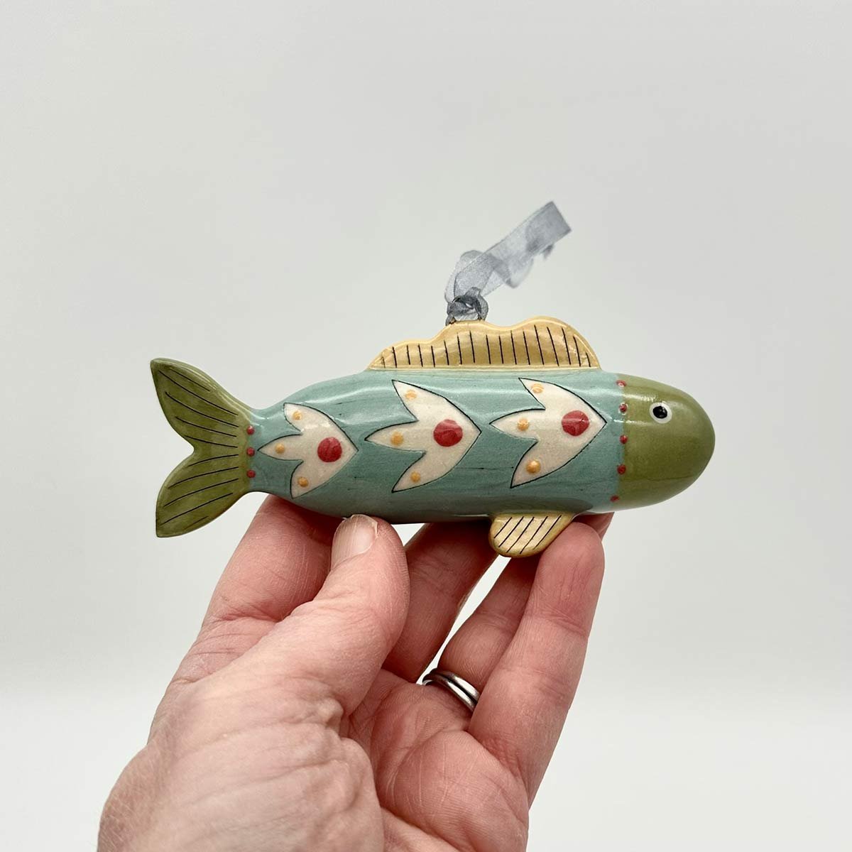 Lucy Ormsby Pottery Handmade Ceramic Dangly Fish Decoration blue scales