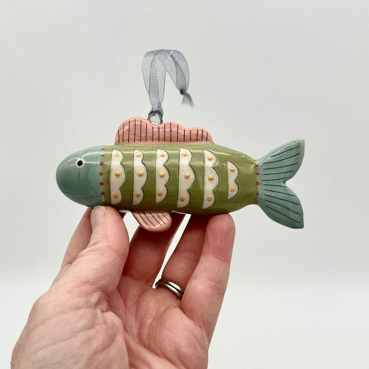 Lucy Ormsby Pottery Handmade Ceramic Dangly Fish Decoration blue scales