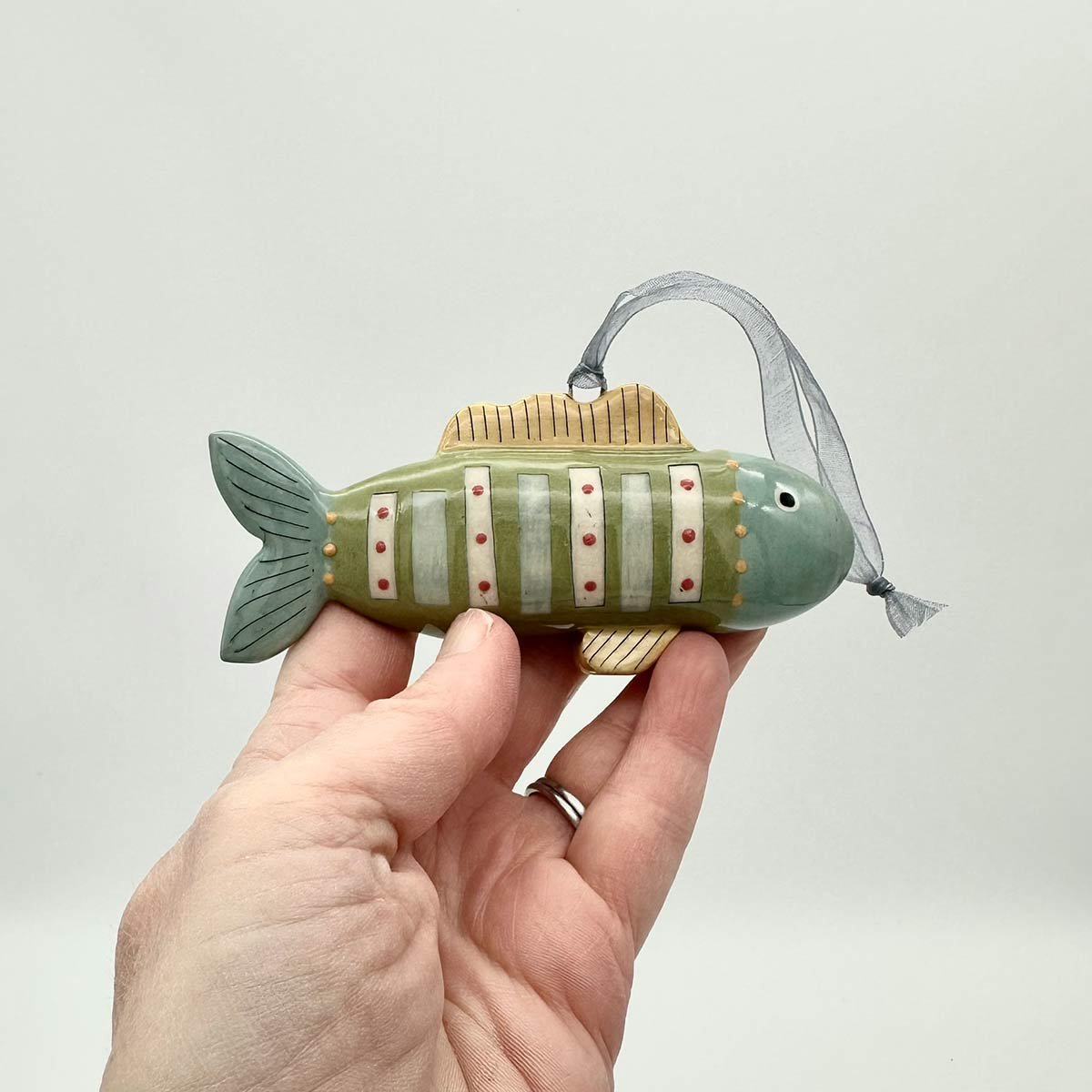 Lucy Ormsby Pottery Handmade Ceramic Dangly Fish Decoration blue scales
