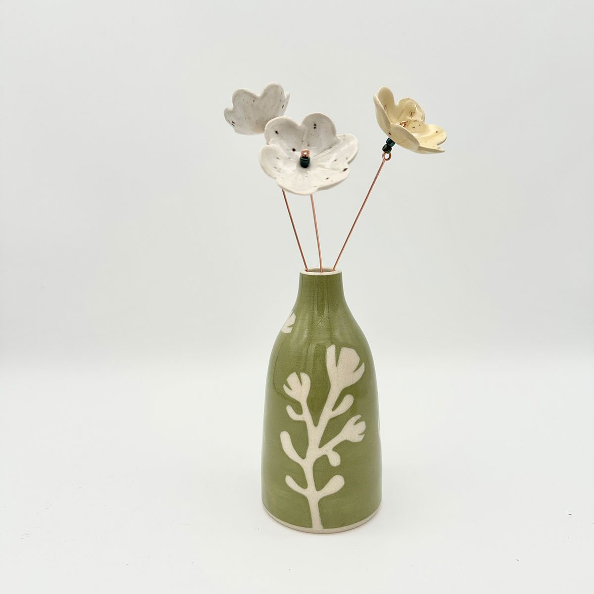 Lucy Ormsby Pottery green leaf stem bud vase