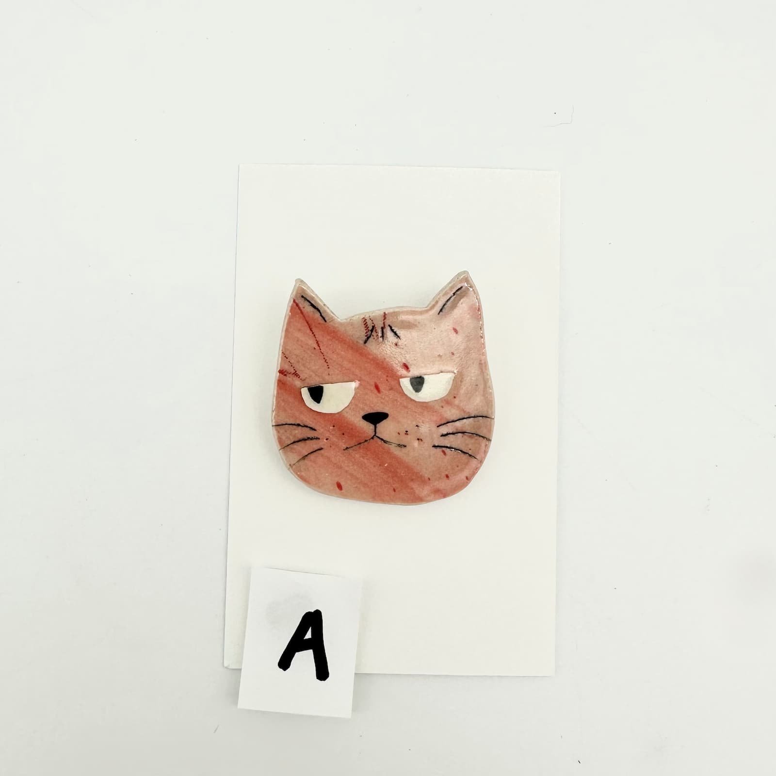 Pink cat brooch - ceramic cat head - A