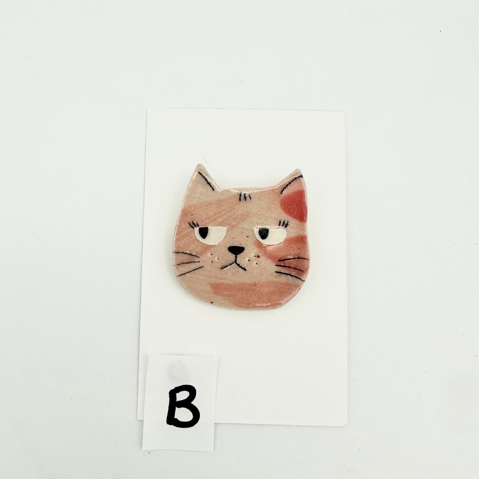 Pink cat brooch - ceramic cat head - B