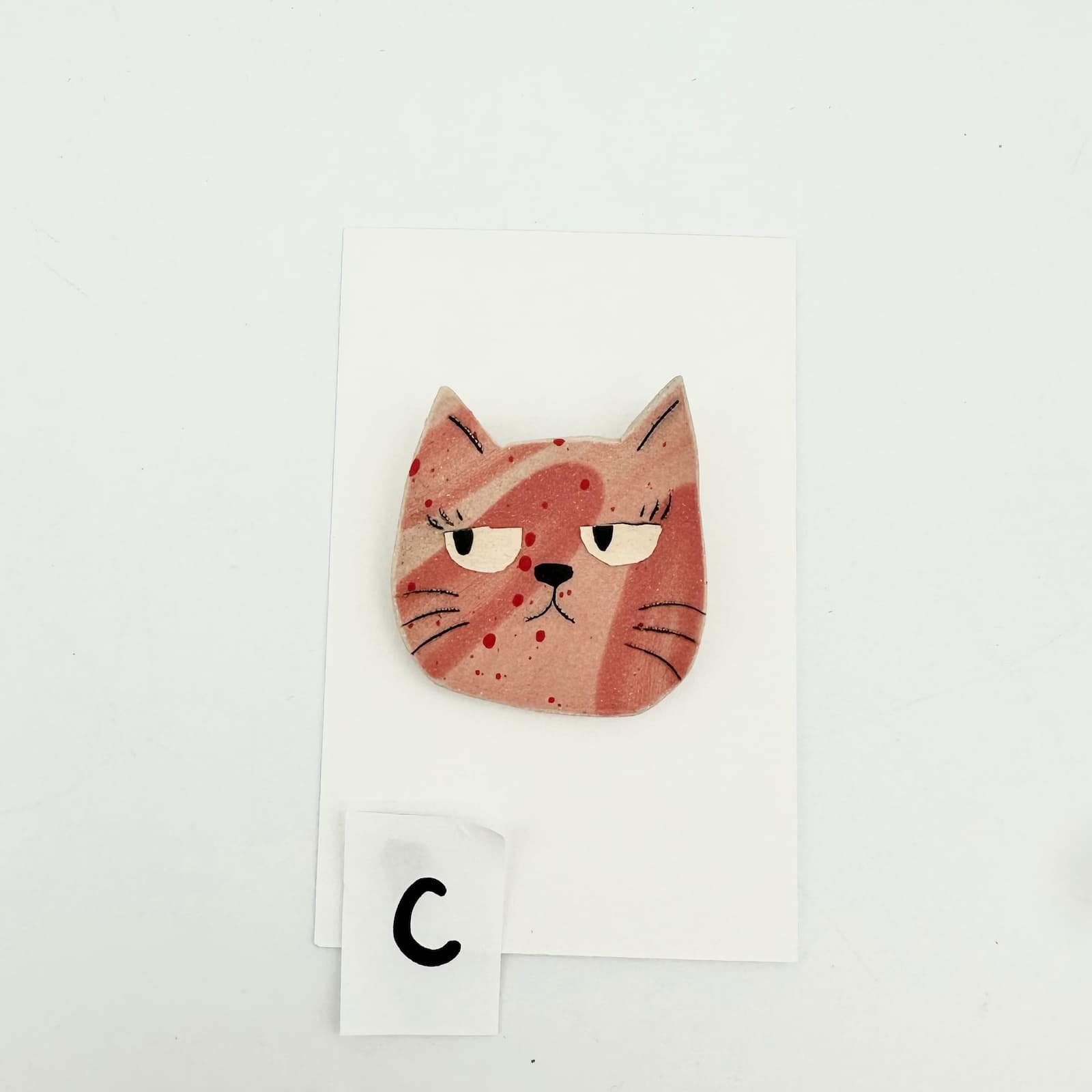 Pink cat brooch - ceramic cat head - C